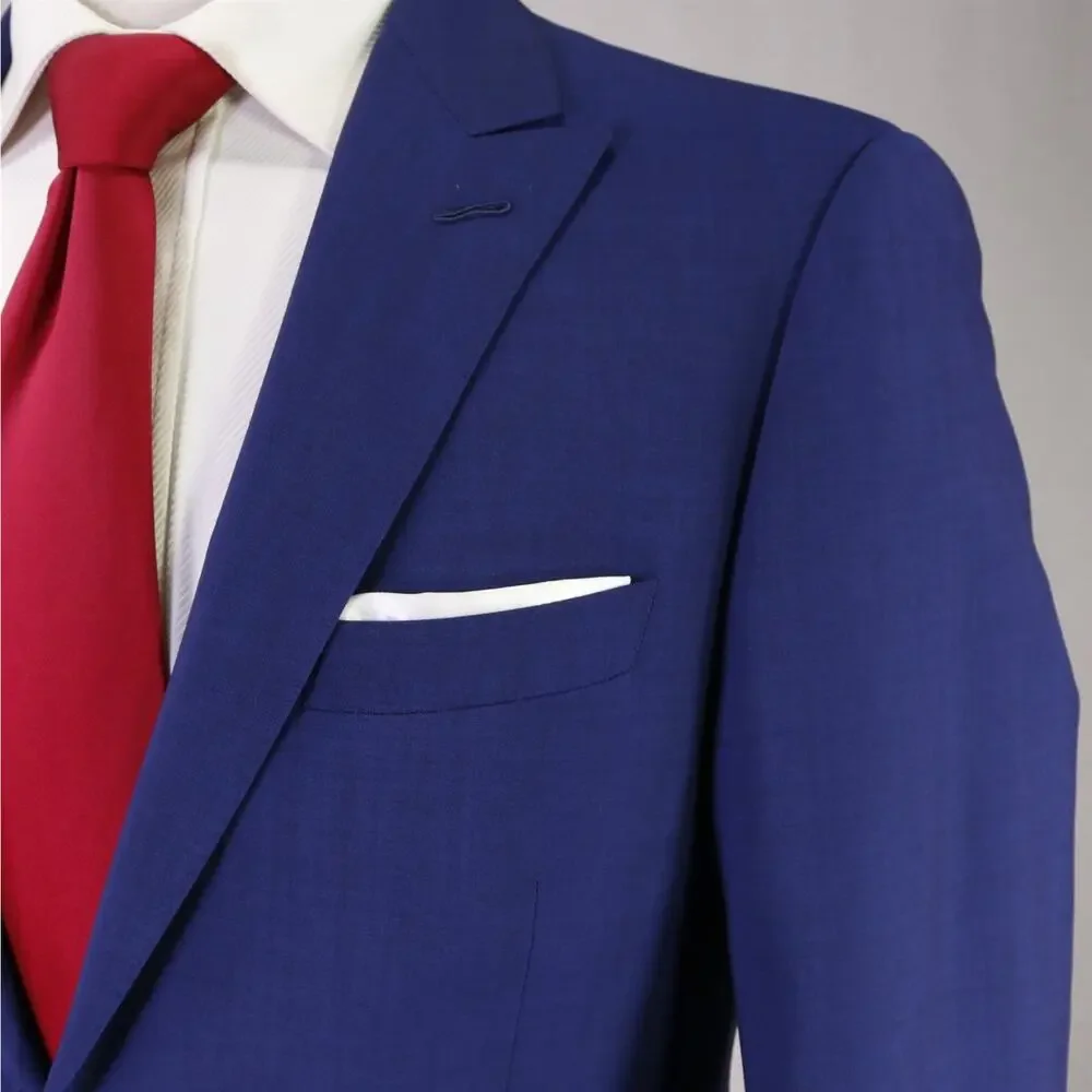 Custom Tailored Bespoke Current Royal Blue 2-Btn Peak Lapel Slim Wool Suit 36S